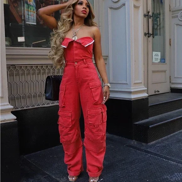 Red Denim Cargo Jumpsuit - Picture 2 of 8
